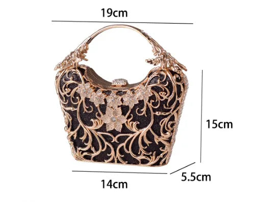 Pochette de soirée femme florale en métal – Anse ornée de cristaux