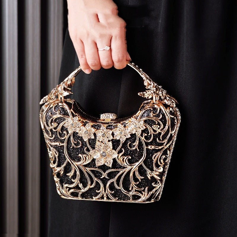 Pochette de soirée femme florale en métal – Anse ornée de cristaux