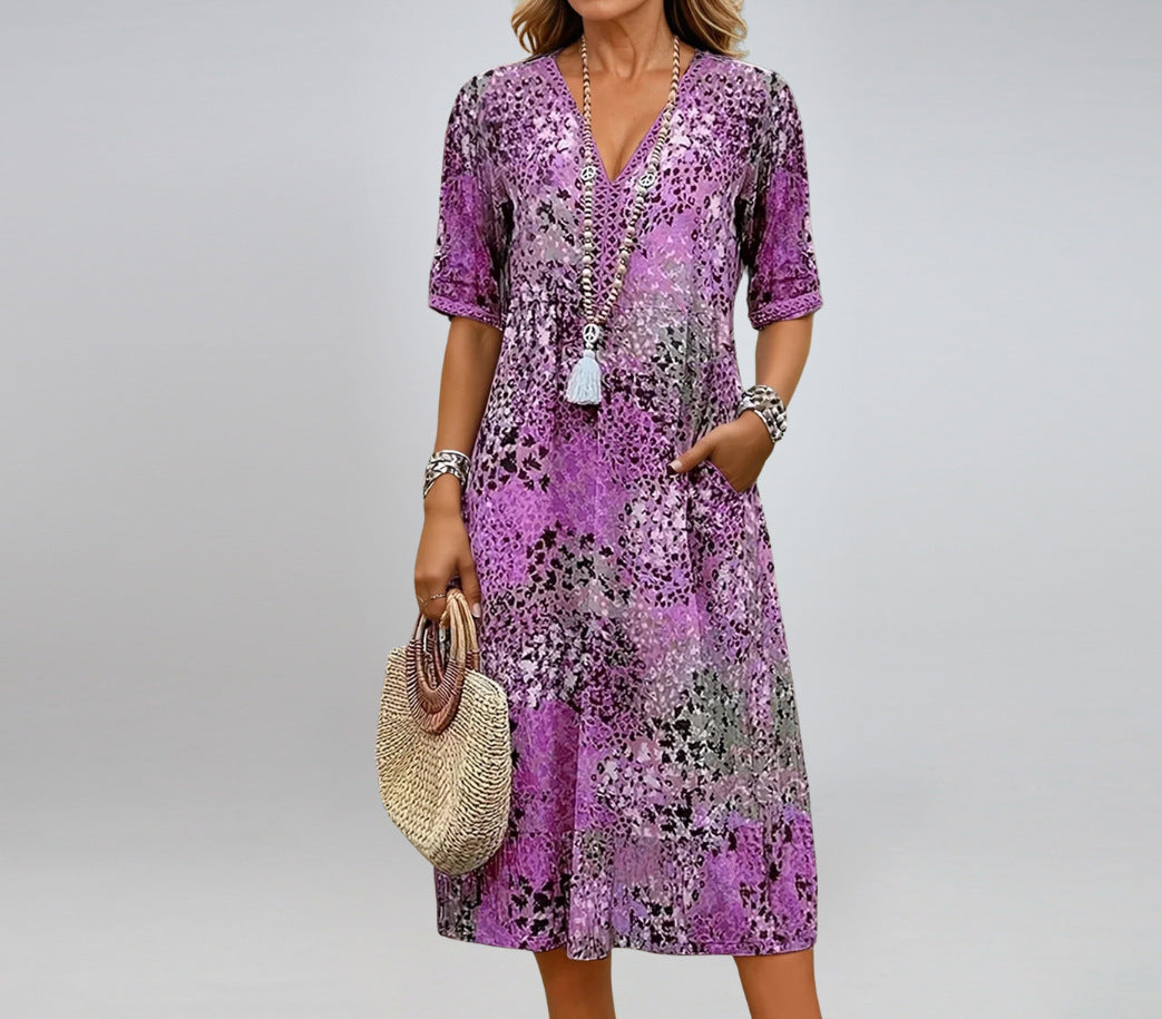 Robe Patchwork à Col V – Légèreté & Élégance Décontractée