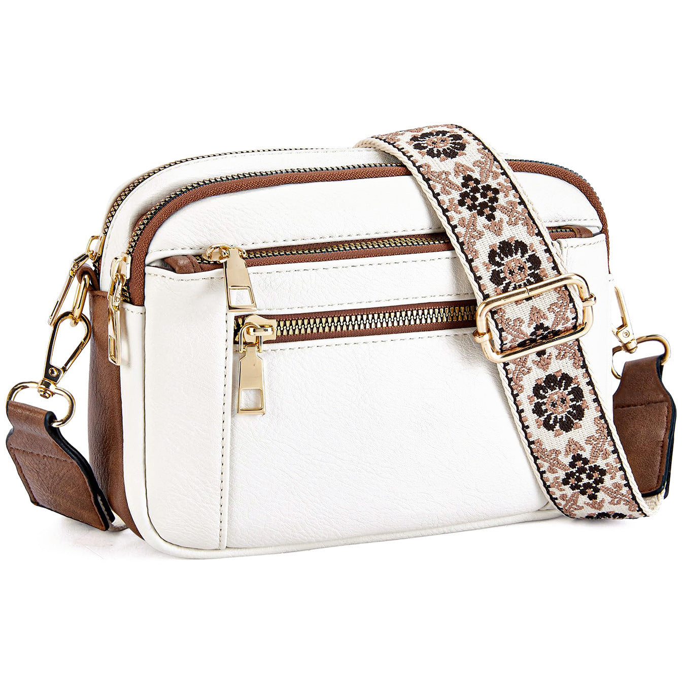 Sac Bandoulière Triple-Zip à Sangles Brodées