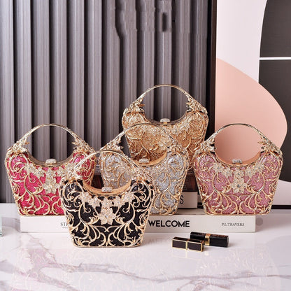 Pochette de soirée femme florale en métal – Anse ornée de cristaux