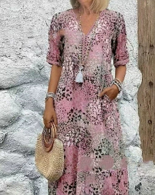 Robe Patchwork à Col V – Légèreté & Élégance Décontractée