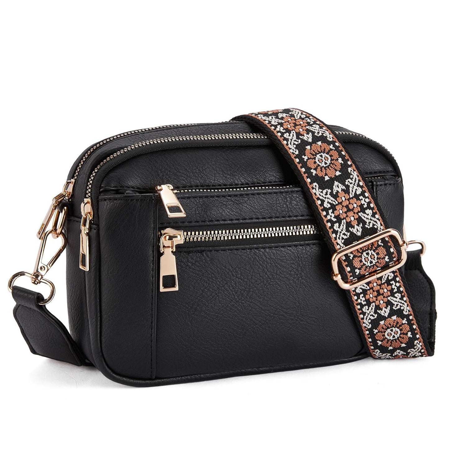 Sac Bandoulière Triple-Zip à Sangles Brodées