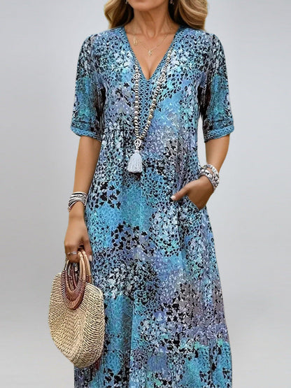 Robe Patchwork à Col V – Légèreté & Élégance Décontractée