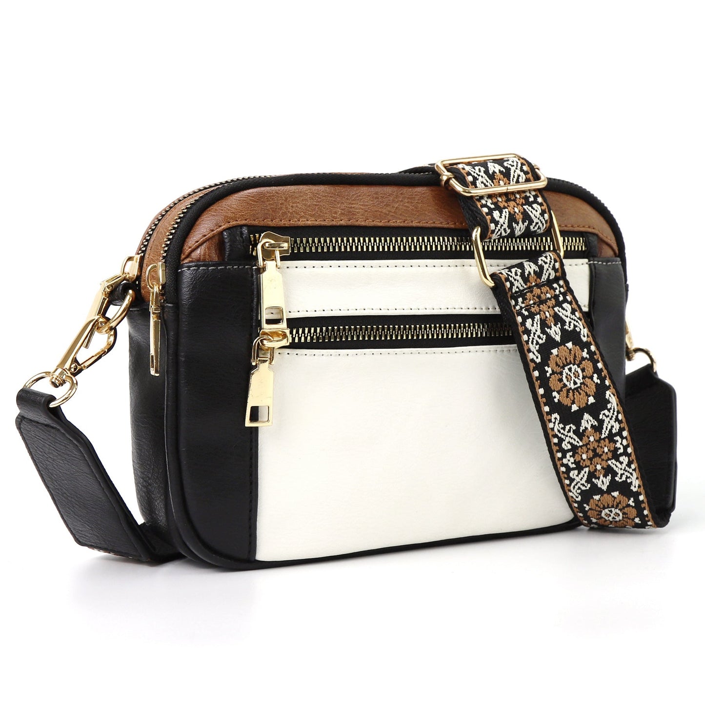 Sac Bandoulière Triple-Zip à Sangles Brodées