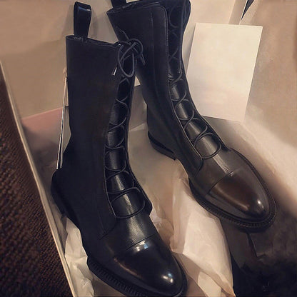 Bottes Locomotives Mi-Hautes à Lacets – Élégance Noire à Talon Bas