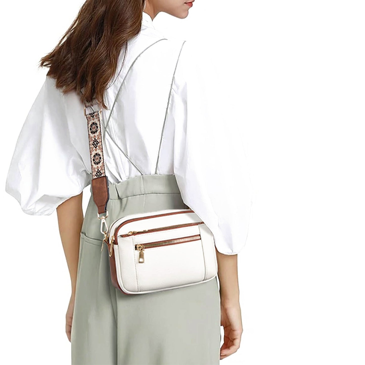 Sac Bandoulière Triple-Zip à Sangles Brodées