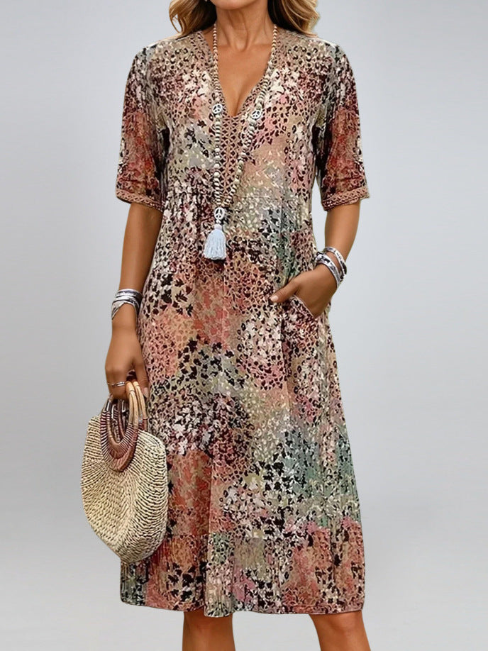 Robe Patchwork à Col V – Légèreté & Élégance Décontractée