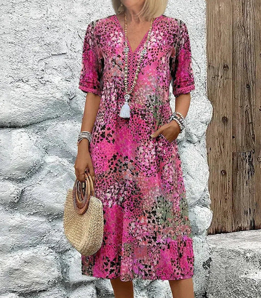 Robe Patchwork à Col V – Légèreté & Élégance Décontractée