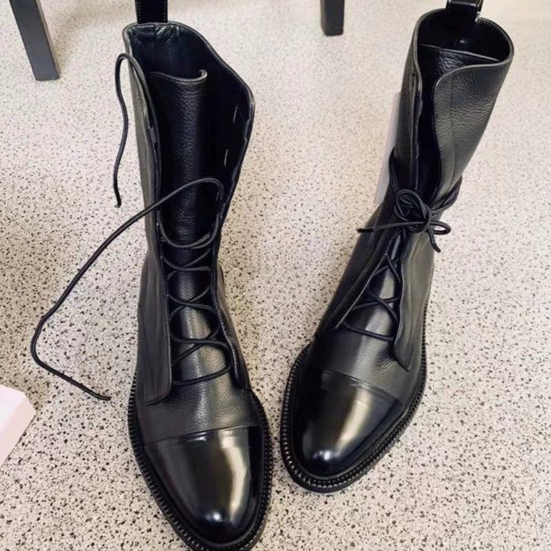 Bottes Locomotives Mi-Hautes à Lacets – Élégance Noire à Talon Bas