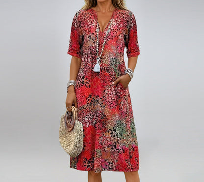 Robe Patchwork à Col V – Légèreté & Élégance Décontractée